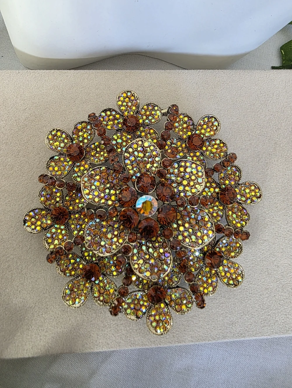 Vintage Oversized Aurora Borealis & Amber Floral Statement Double Pin Brooch